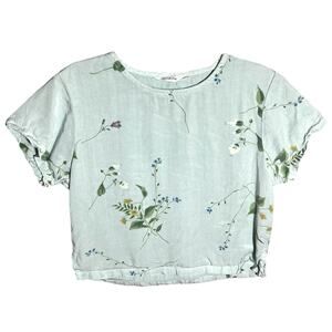 90s VTG Linen Blend Floral Boxy Top Amanda Gray M Chambray Cottage Coastal Fairy